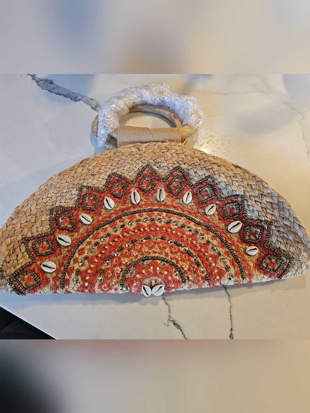 Boho Straw Half Moon Clutch Cowrie Shell Embellished Wood Handle Terracotta